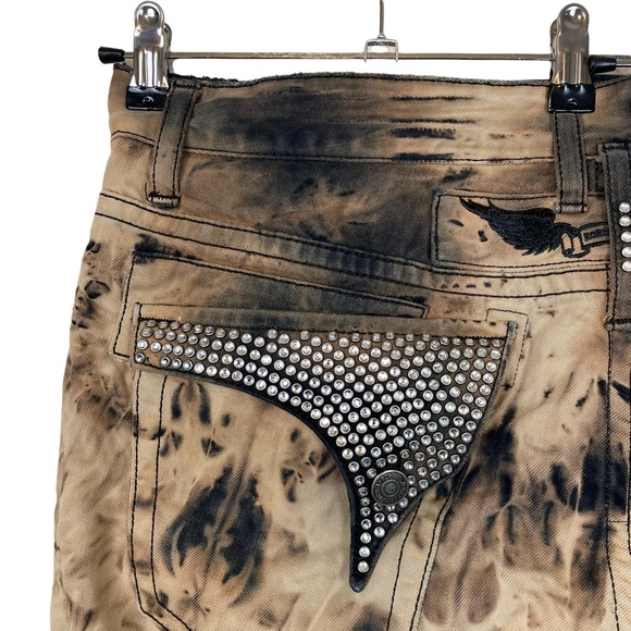 Robins Jean Long Flap Embellished Rhinestone Pocket Tye Dye Mens Size 40 Demim - Picture 7 of 16